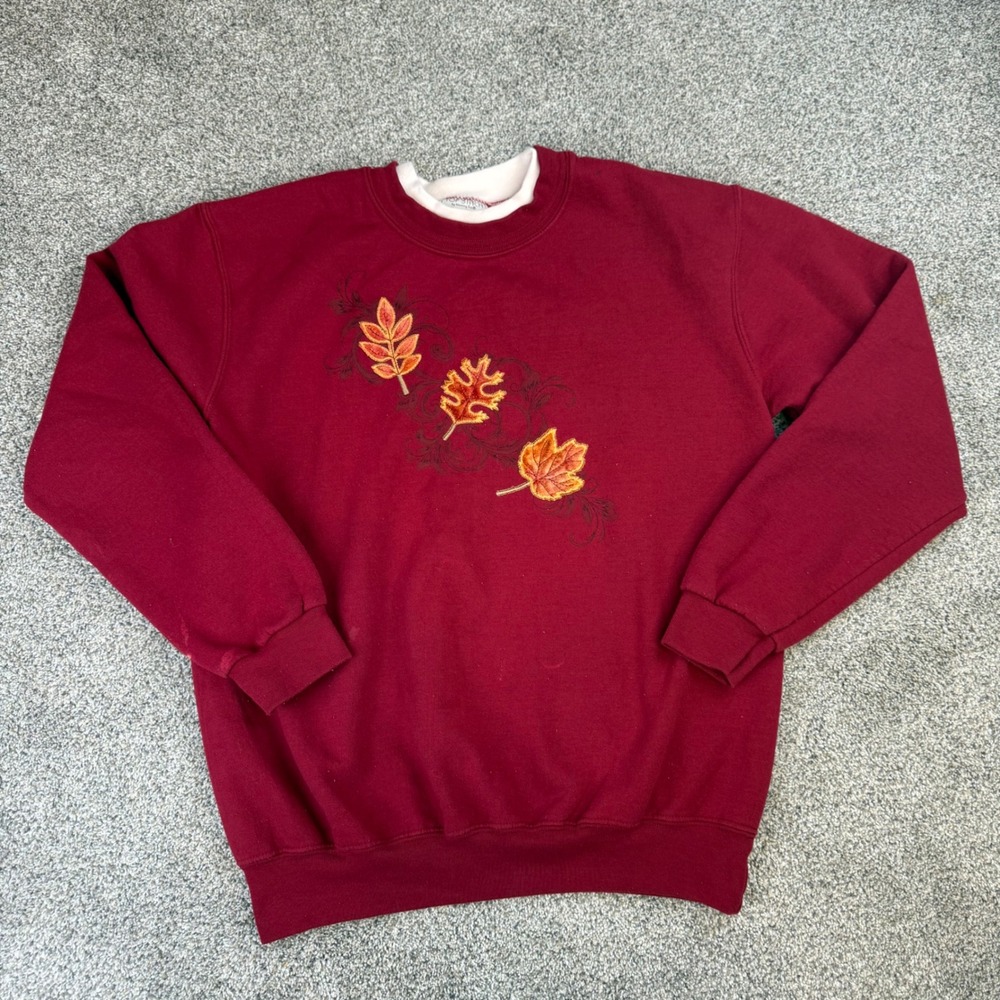 Vintage Top Stitch Morning Sun Burgundy Embroidered Leaf Sweatshirt XL Fall